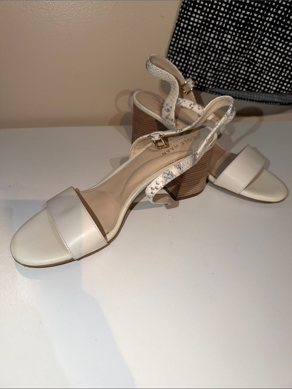 Cole Haan grand 360 Cream Block Heel Sandals with Ankle Strap